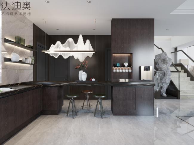 Luxe Espresso Wood Grain Stainless Steel Cabinets For Timeless Kitchen Elegance - Black sintered stone for enhanced elegance and durability. with feature detail