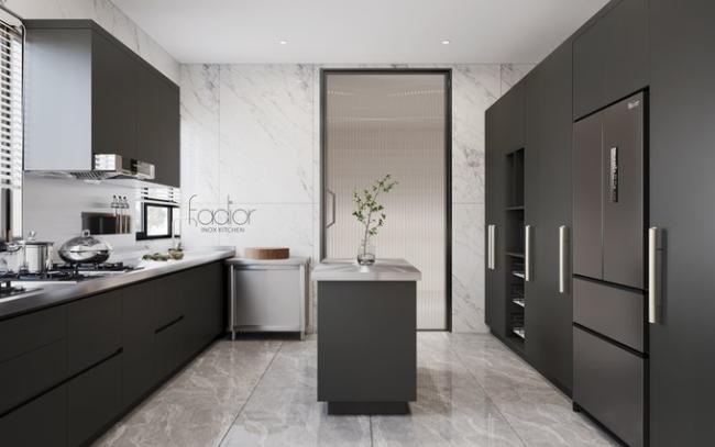 Modern Stainless Steel Double-Line Kitchen Cabinet With Integrated Appliances And Multiple Storage Solution - Gray with kitchen cabinet overview