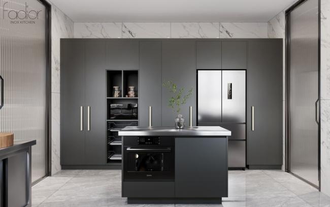 Modern Stainless Steel Double-Line Kitchen Cabinet With Integrated Appliances And Multiple Storage Solution - Modern with feature detail