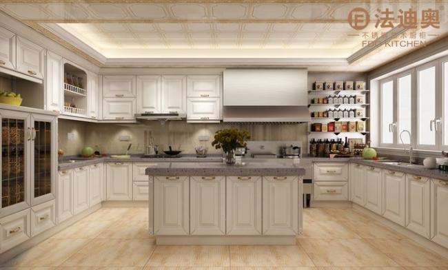 Modern White Stainless Steel Kitchen Cabinet With Profile Door Panel And Gold Handles - White with kitchen cabinet overview