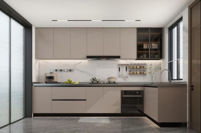 L-Shaped Beige Modern Stainless Steel Kitchen Cabinets With Glass Doors Design - Full stainless steel construction, durable and rust-resistant with room context