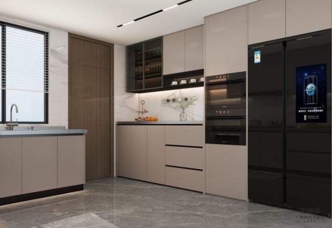 L-Shaped Beige Modern Stainless Steel Kitchen Cabinets With Glass Doors Design - feature detail