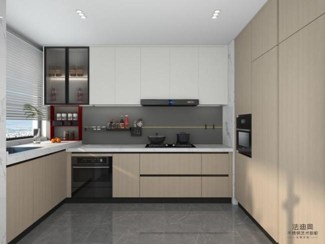 Modern U-Shaped Wood Grain Stainless Steel Kitchen Cabinet With Vibrant Red Open Shelf - Wood Grain / White with kitchen cabinet overview