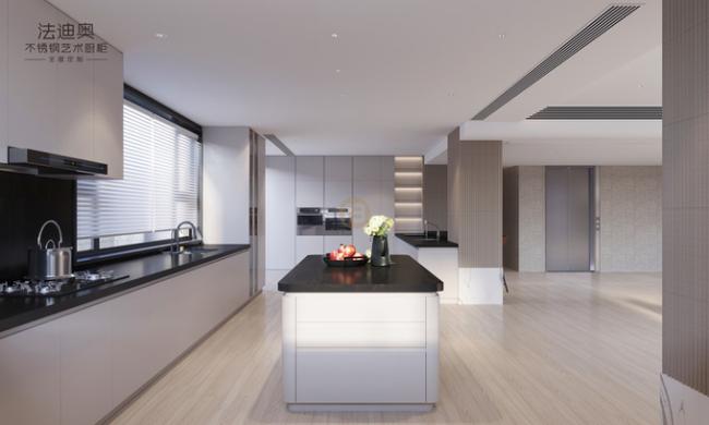 Elegant Grey Stainless Steel Kitchen Cabinet With Curved Island And Multiple Storage Solution - interior organization