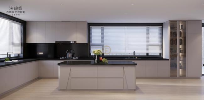 Elegant Grey Stainless Steel Kitchen Cabinet With Curved Island And Multiple Storage Solution - Grey / Black with kitchen cabinet overview