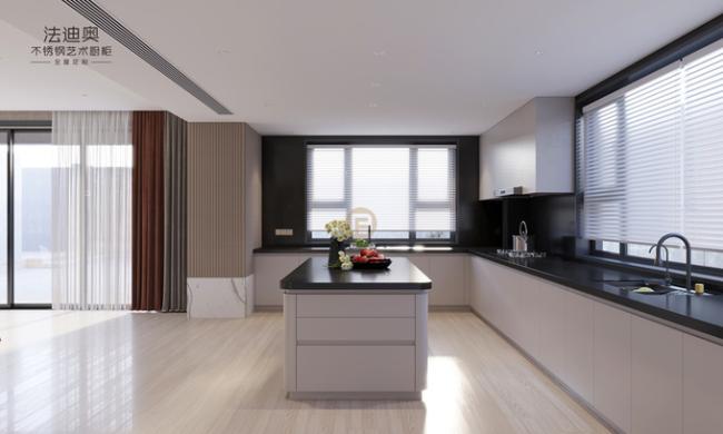 Elegant Grey Stainless Steel Kitchen Cabinet With Curved Island And Multiple Storage Solution - Fully customizable layout, color scheme, and finishes to suit individual tastes and needs. with feature detail