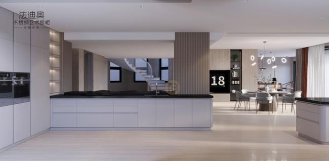 Elegant Grey Stainless Steel Kitchen Cabinet With Curved Island And Multiple Storage Solution - Details with room context