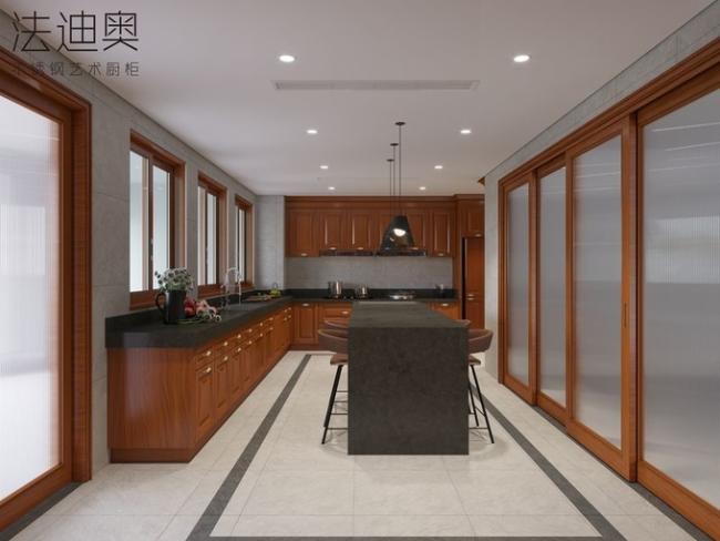 New Chinese Style Wood Grain Kitchen Cabinet With Floor-Standing Island - Wood Grain with kitchen cabinet overview