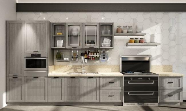 Single-Line Light Gray Stainless Steel Kitchen Cabinet with Wood Texture Panels - Gray with kitchen cabinet overview