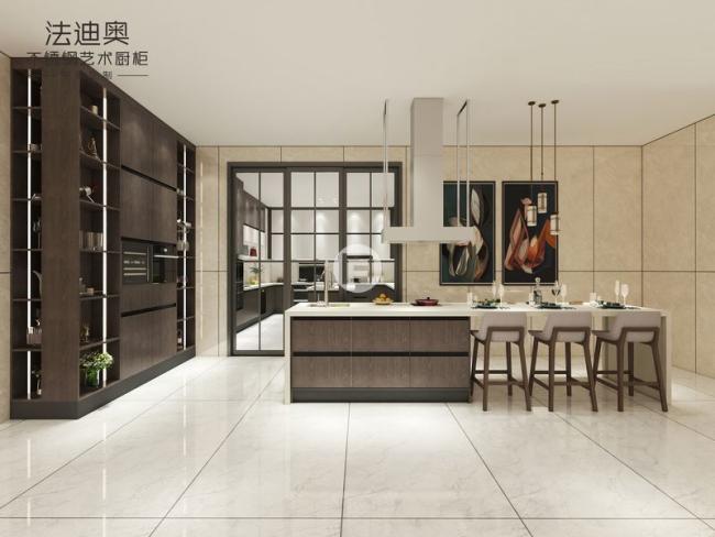 Modern Dark Wood Texture Stainless Steel Kitchen Cabinets With Contrasting Colors Design - White quartz countertop with feature detail