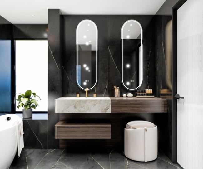 Stainless Steel Bathroom Vanity With Woodgrain Finish And Split Design - bathroom vanity overview