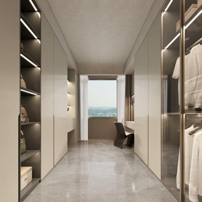 White Apricot Finish Stainless Steel Walk-In Closet With Dual-Line Design - Dual-line layout, maximizes space efficiency and functionality. with interior organization