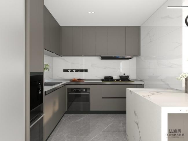 Brown Color Stainless Steel L-Shaped Kitchen Cabinets With Full-Height Design - L-shaped layout with interior organization