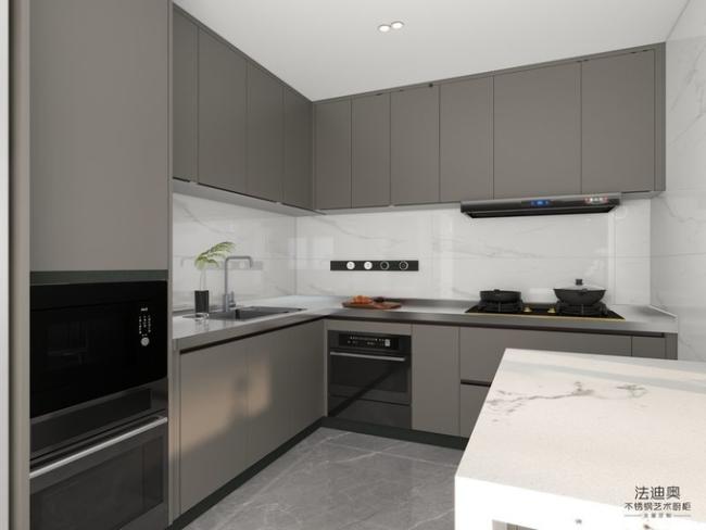 Brown Color Stainless Steel L-Shaped Kitchen Cabinets With Full-Height Design - Brown finish, offering a warm, contemporary feel that suits various kitchen styles. with kitchen cabinet overview