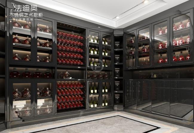 Stainless Steel Wine Cabinet With Black Glass Doors And Corner Storage - High-quality stainless steel, known for its durability and resistance to with room context