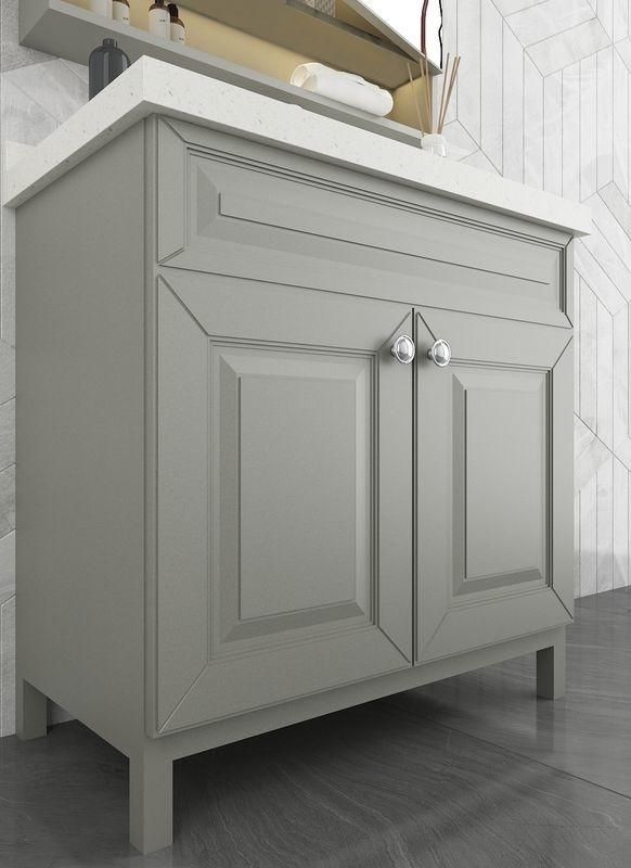 Grey Stainless Steel Bathroom Vanity With Elegant Mirror Cabinet And Shaped Door - Quartz countertop with feature detail