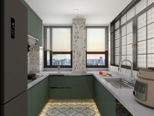 U-Shaped Stainless Steel Kitchen Cabinet With Elegant Green Finish - interior organization