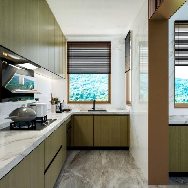 Fadior U-Shaped Wood Grain Stainless Steel Kitchen With Handle-Free Design - Quartz countertop with feature detail