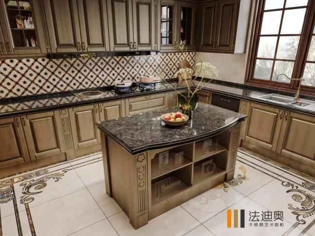 Classic Luxury Style Dark Brown Wood Grain Tone Stainless Steel Kitchen Cabinets With Ornate Detail Customized Storage Solutions - Modern with feature detail