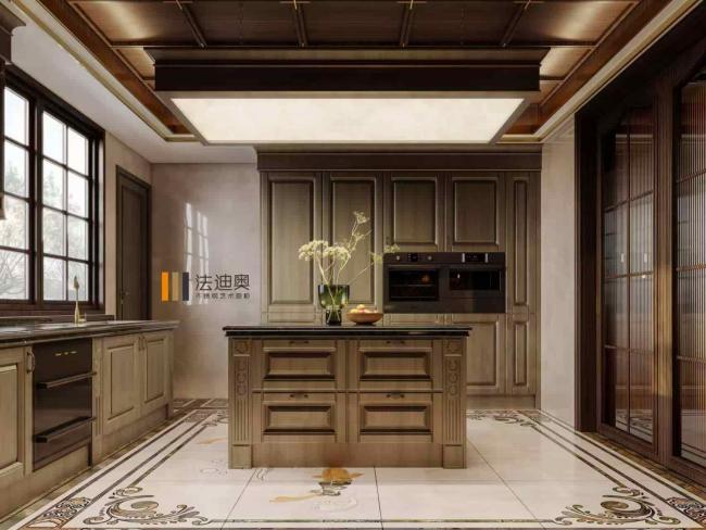 Classic Luxury Style Dark Brown Wood Grain Tone Stainless Steel Kitchen Cabinets With Ornate Detail Customized Storage Solutions - Description with room context