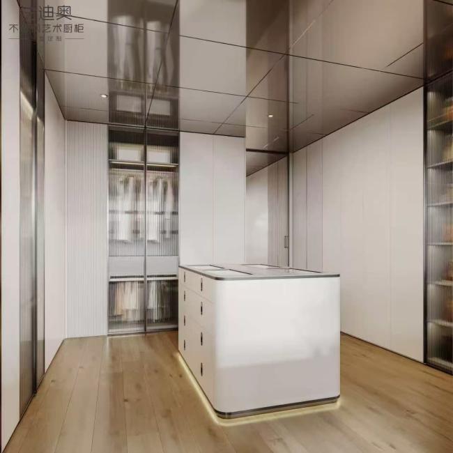 Modern Minimalist Luxury Style Pure White Stainless Steel Walk-in Closet With Sleek Customized Storage Solutions - interior organization