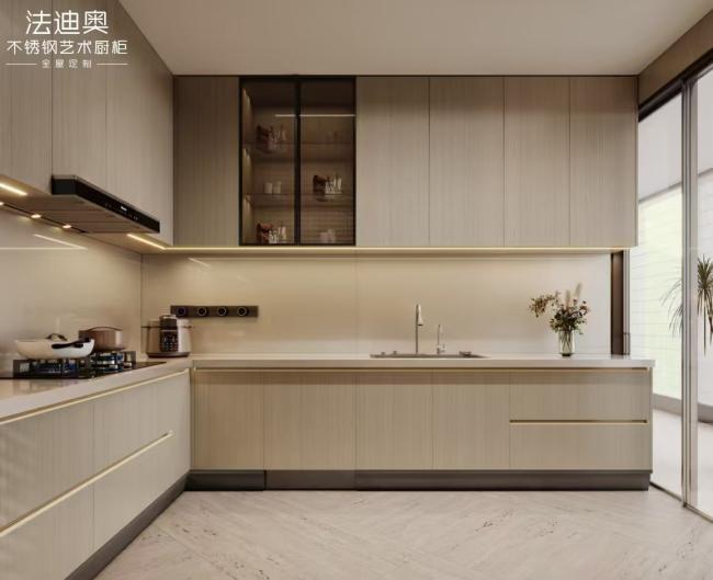 Customizable Storage Modern Minimalist Stainless Steel Kitchen Cabinets In Light Wood & Soft Beige - kitchen cabinet overview