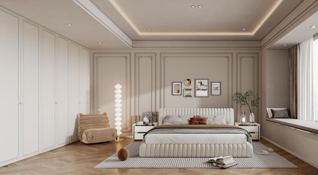 Soft Beige & Light Wood French Modern Stainless Steel Wardrobe For Elegant Master Bedrooms - Uniform ivory finish on doors and cabinetry creates a soft, light French visual effect suitable for elegant with wardrobe overview