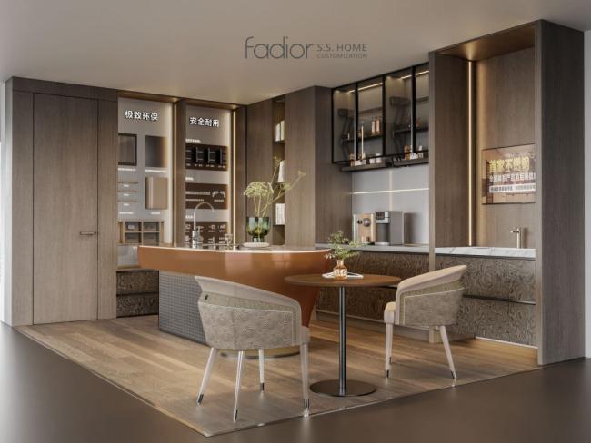 Stainless Steel Kitchen Cabinet With Copper Gold & Dark Wood Grain Tone Modern Luxury Social Hub Design - Combination of concealed cabinets and open shelving, designed for organized storage and visual lightness. with interior organization