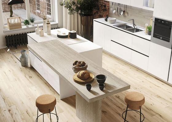 Polar White & Natural Oak French Minimalist Stainless Steel Kitchen - Practical combination of base cabinets, wall cabinets, and spacious drawers to organize cookware, utensils, and kitchen essentials. with interior organization