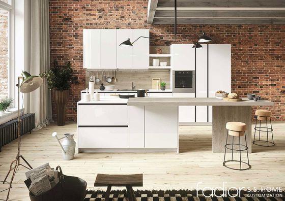Polar White & Natural Oak French Minimalist Stainless Steel Kitchen - White with kitchen cabinet overview