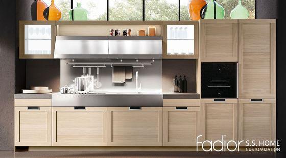 Natural Wood Finish Stainless Steel Kitchen Cabinet with Built-In Oven Tower and Display Shelves - Base cabinets, drawers, display units, and tall storage cabinets with interior organization