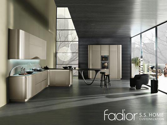 Fadior Champagne Metallic Stainless Steel Kitchen Cabinet with Sculptural Curved Island and Luxury Minimalist Design - kitchen cabinet overview