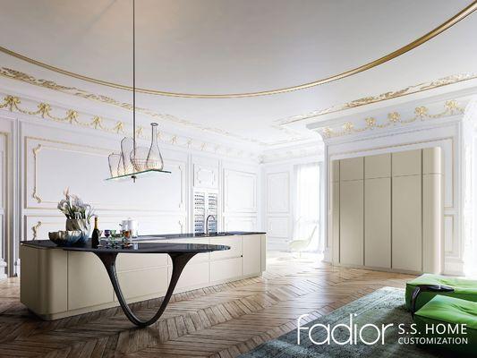 Fadior Champagne Metallic Stainless Steel Kitchen Cabinet with Sculptural Curved Island and Luxury Minimalist Design - Island-centered planning with interior organization