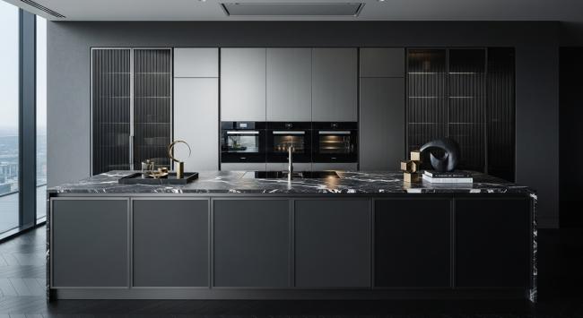 modern kitchen cabinet installed for high-end residential kitchens, designer showrooms, luxury apartment developments, architectural project specifications requiring statement island configurations with coordinated material palette