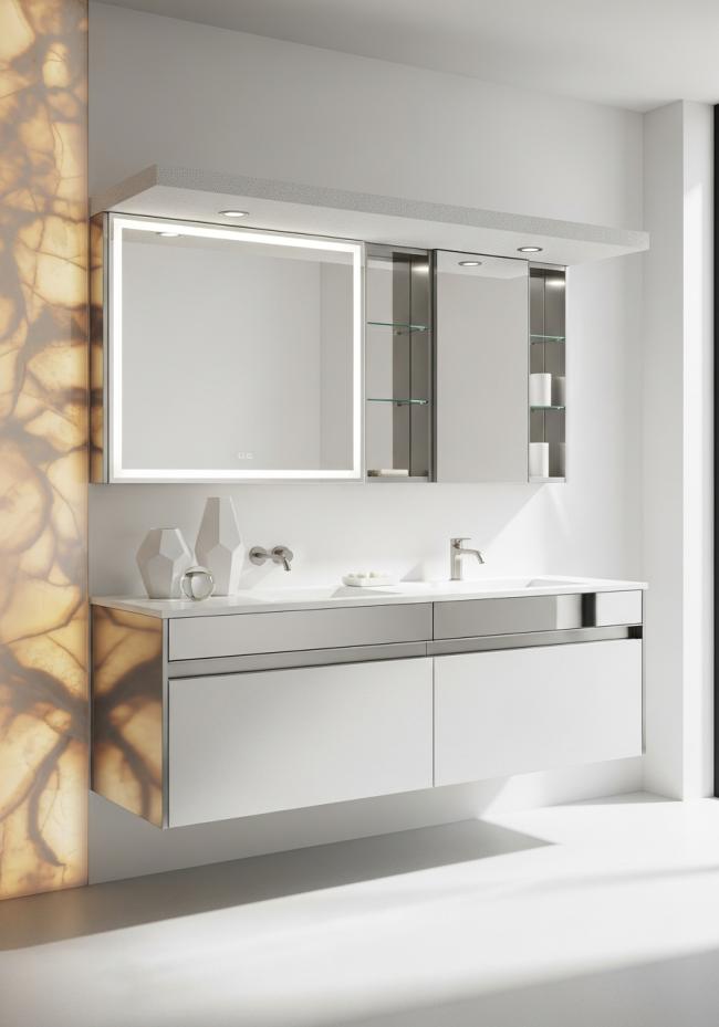 custom bathroom vanity cabinet with mirror-polished stainless steel cabinet fronts and 304 stainless steel structure