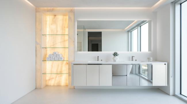 bathroom vanity cabinet installed for master bathroom en-suite, luxury residential powder rooms, high-end hospitality suites, architect-designed wellness spaces with coordinated material palette