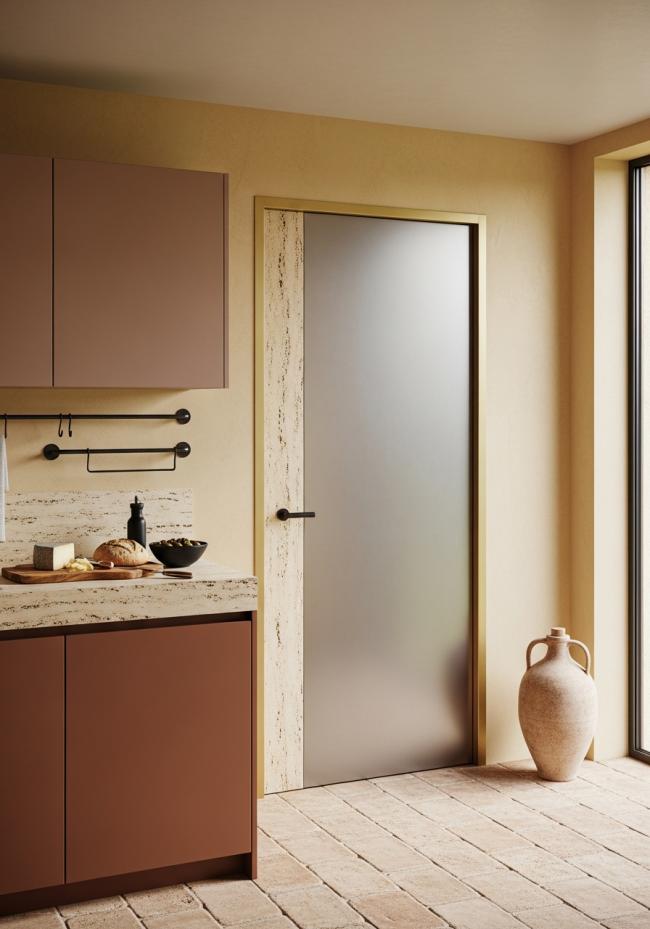 custom interior door solution with soft yellow-warm metallic, satin brushed, subtle and not flashy and 304 stainless steel structure