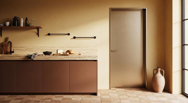 interior door solution installed for interior pivot or hinged door for residential entryways, en-suite bathrooms, wine cellars, or transitional spaces between interior and exterior courtyards with coordinated material palette