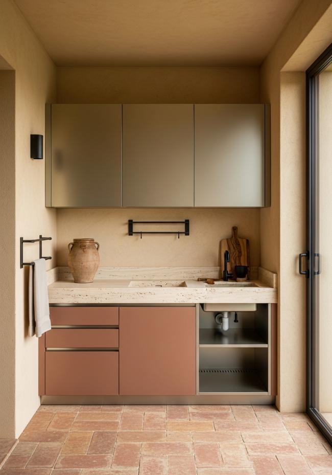 custom balcony storage cabinet with soft yellow-warm metallic, satin brushed, subtle and not flashy and 304 stainless steel structure