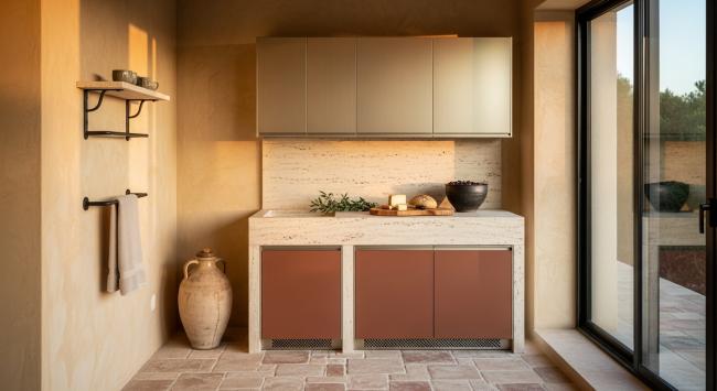 balcony storage cabinet installed for balcony, terrace, loggia, covered outdoor living spaces, poolside storage, garden room cabinetry with coordinated material palette