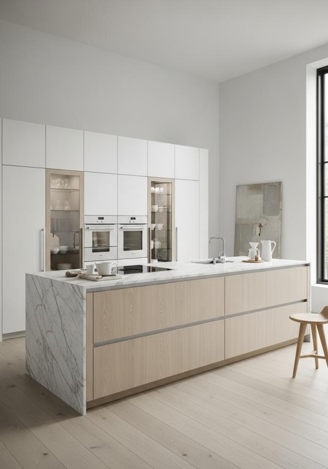 custom modern kitchen cabinet with quarter-sawn grain, ultra-matte surface, near-zero sheen, cool blonde tone and 304 stainless steel structure