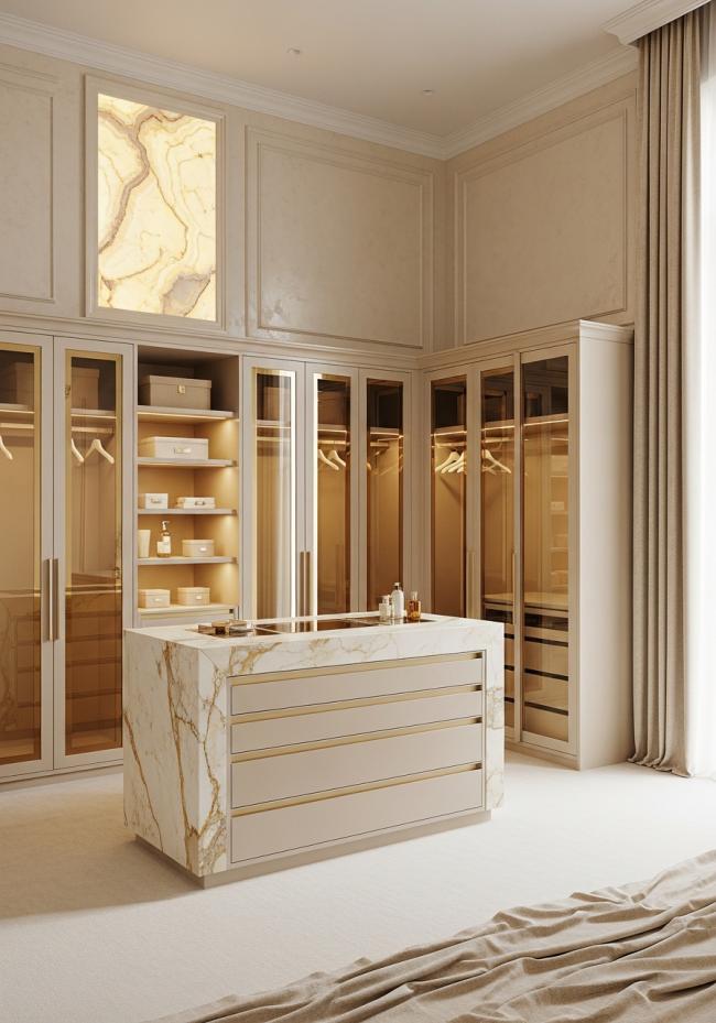 custom custom walk-in closet with warm reflective gold, mirror-quality on frame profiles, satin on panel faces and 304 stainless steel structure