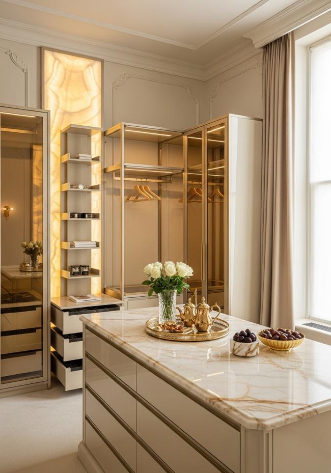 custom walk-in closet showing full module layout and storage planning