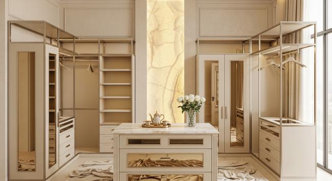 custom walk-in closet installed for master suite walk-in wardrobes, luxury residential dressing rooms, boutique hotel suite closets, high-end residential developments with coordinated material palette