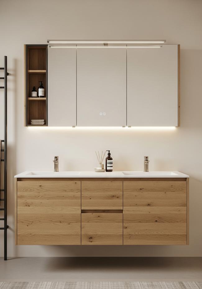 custom bathroom vanity cabinet with straight grain, warm honey tone, oiled matte surface, visible but restrained grain pattern and 304 stainless steel structure
