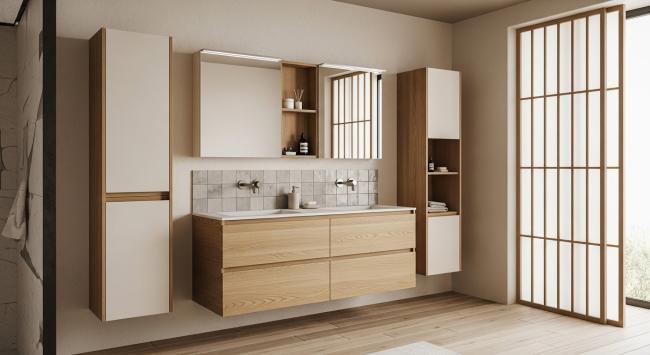 bathroom vanity cabinet installed for master bathroom vanity for spa-like daily rituals; powder room statement piece; architect-designed residential projects seeking material authenticity with coordinated material palette