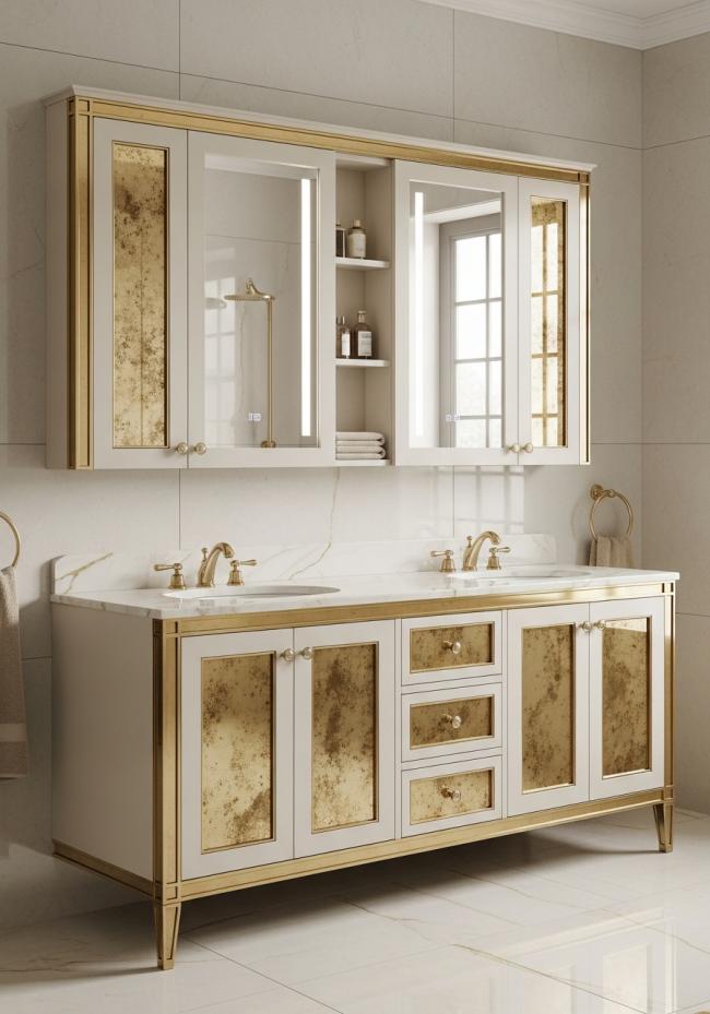 custom bathroom vanity cabinet with warm reflective gold, mirror-quality on frame profiles, satin on panel faces and 304 stainless steel structure