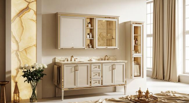bathroom vanity cabinet installed for master bathroom vanity for luxury residential, hospitality suites, and wellness-focused spaces seeking warmth-rich materiality with coordinated material palette