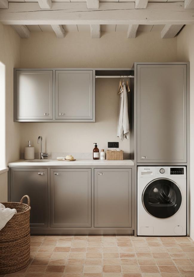 custom laundry room cabinet with pale silvery-grey tone, visible grain texture, matte dry surface, sun-bleached appearance and 304 stainless steel structure