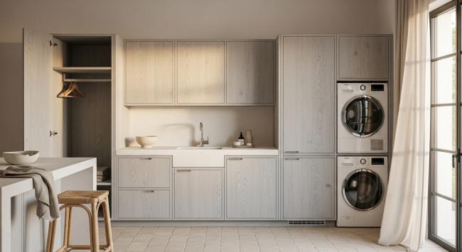 laundry room cabinet installed for residential laundry rooms, coastal homes, beach houses, light-filled utility spaces seeking durable yet visually weightless storage with coordinated material palette